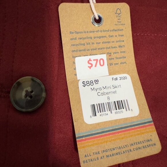 Marine Layer Re-Spun Myra Mini Skirt Cabernet Button-Front (8) front pockets new - Picture 5 of 11